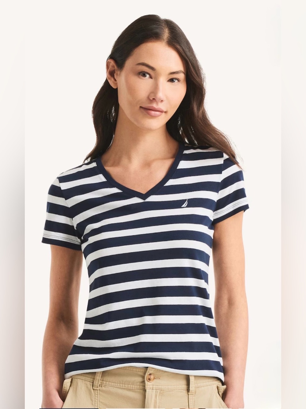 Nautica Blue and White Striped V-Neck Cotton T-Shirt size Medium